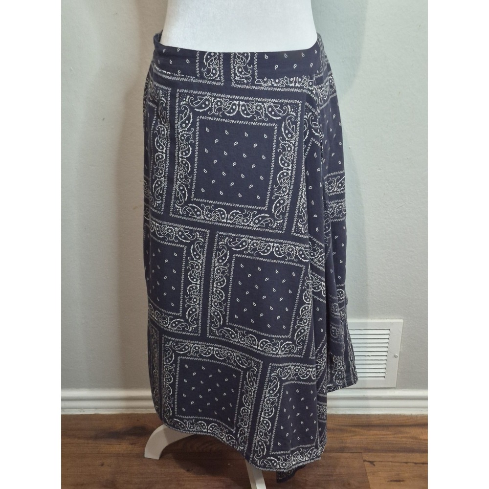 Sundance Medium Navy Blue Bandana Print Wrap Midi Skirt Boho Western Paisley